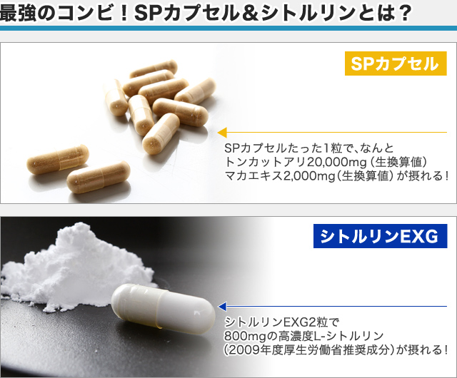 最強のコンビ！SPカプセル＆シトルリンとは？SPカプセルSPカプセルたった1粒で、なんと
トンカットアリ20,000mg（生換算値）、
マカエキス2,000mg（生換算値）が摂れる！シトルリンEXG2シトルリンEXG2粒で
800mgの高濃度L-シトルリン（2009年度厚生労働省推奨成分）が摂れる！