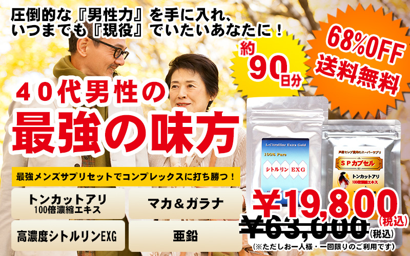 送料無料！男性力サポートセット！
SPカプセル＋シトルリンEXG 90日分！
芦屋セレブたちがお気に入り！高級メンズサプリメント！
SPカプセル30粒/袋(30日分）×3袋＋シトルリンEXG60粒/袋（30日分）×3袋の
6袋セットになります。